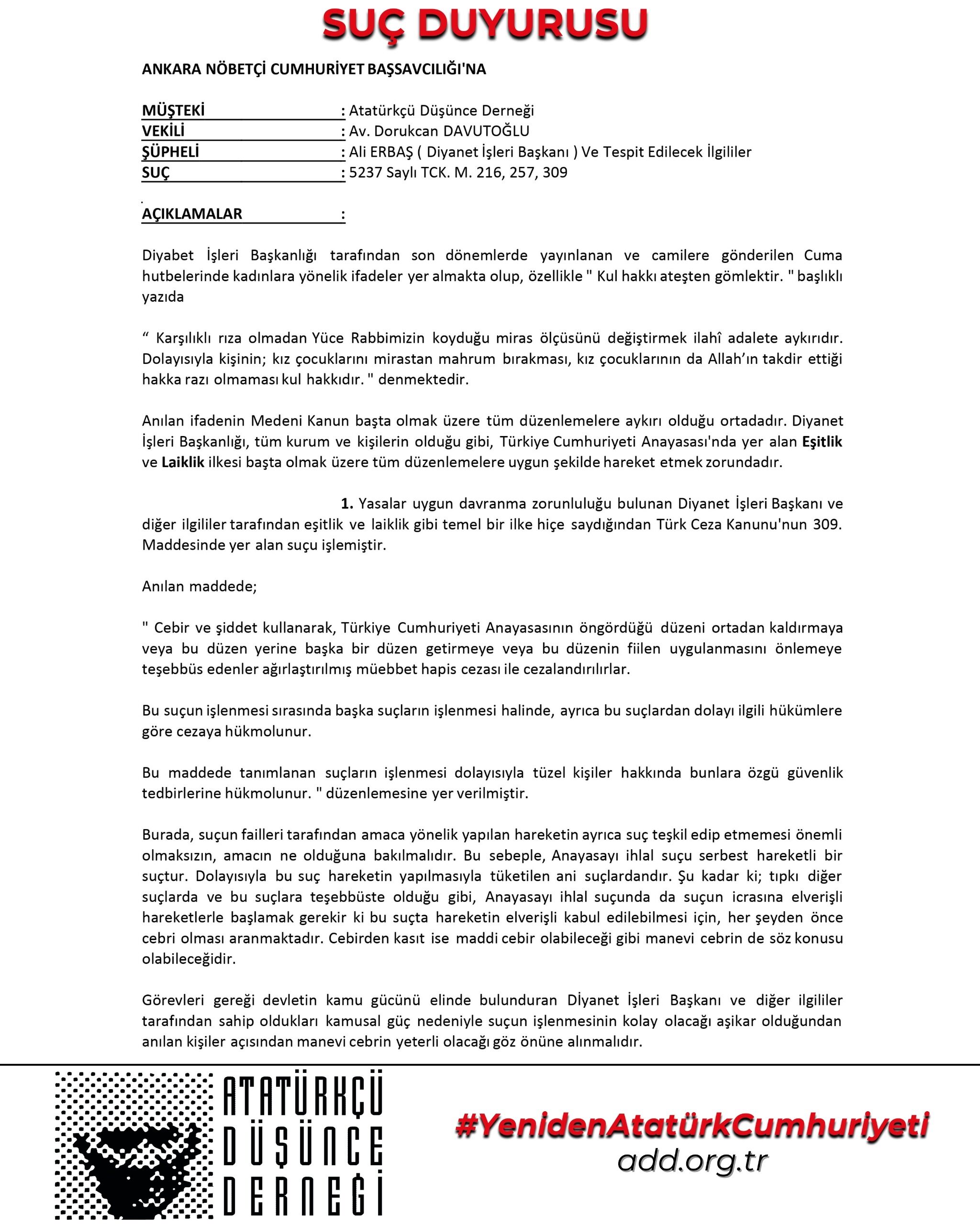 DİYANET İŞLERİ BAŞKANLIĞI HAKKINDA SUÇ DUYURUSU